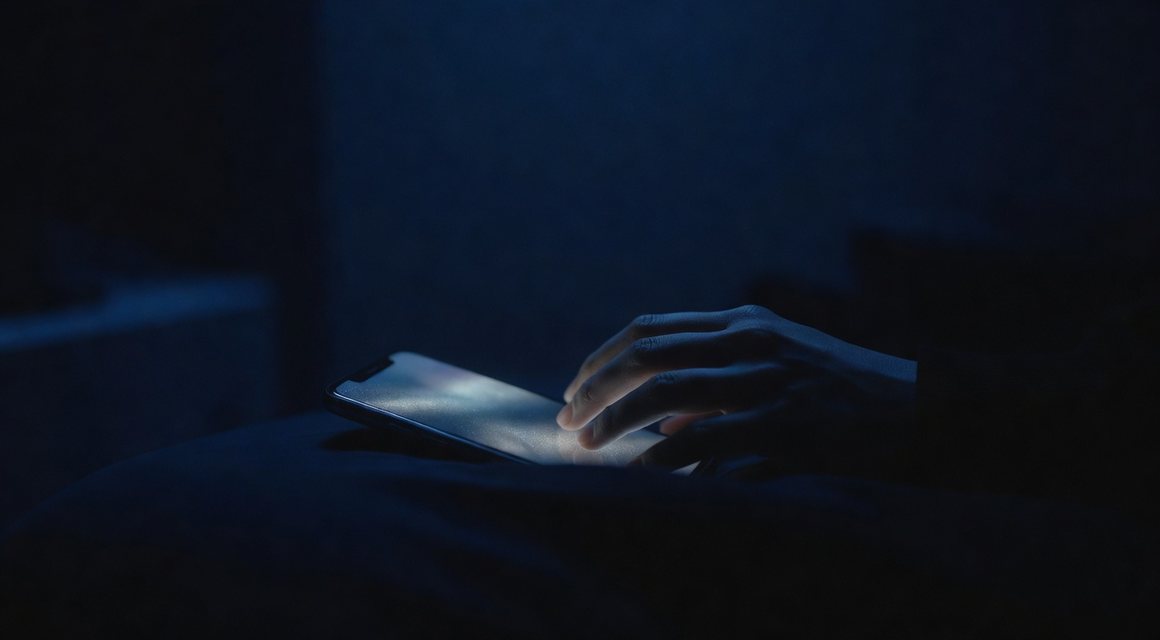 어두운 방에서 켜진 휴대폰 화면 이미지 — 밤의민족 접속 문답