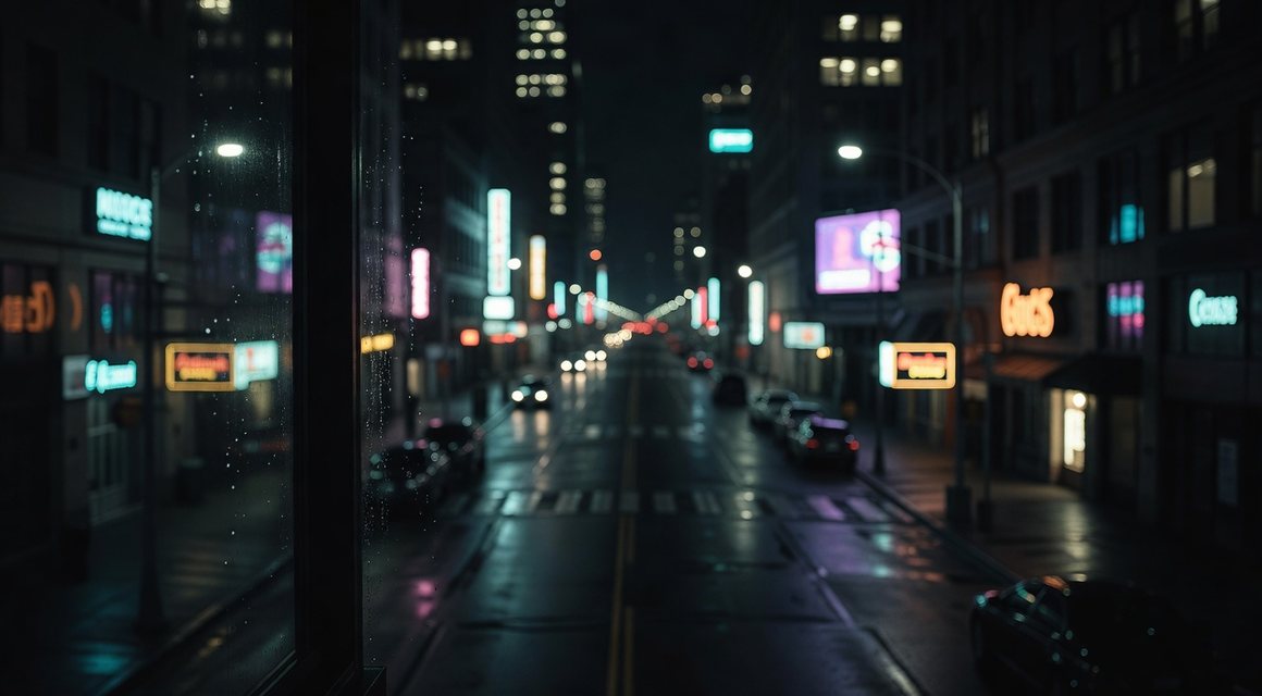 창 너머 도시 야경 이미지 — 밤의민족 접속 문답